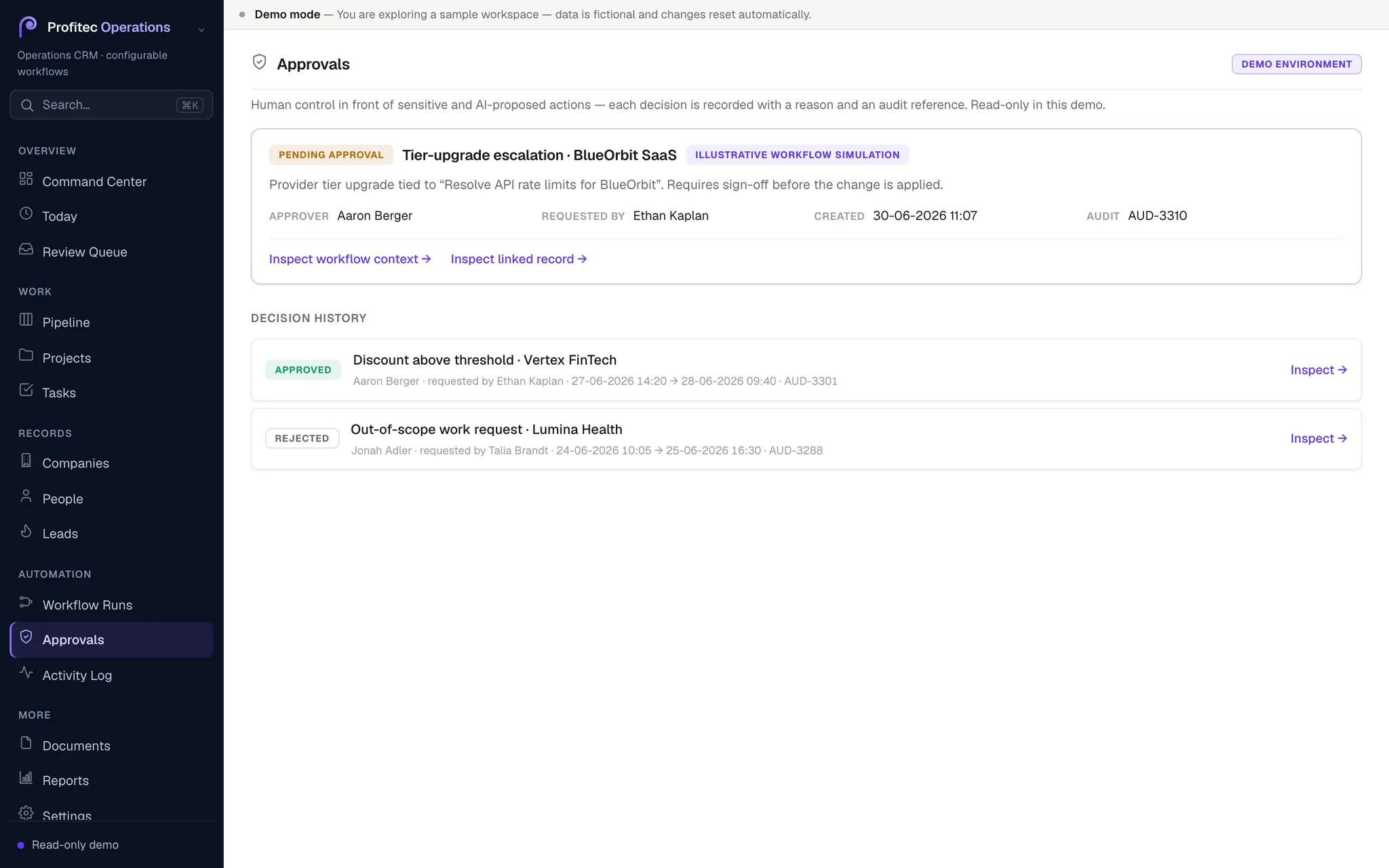 Profitec Operations CRM approvals surface showing a pending approval with its approval and audit references.