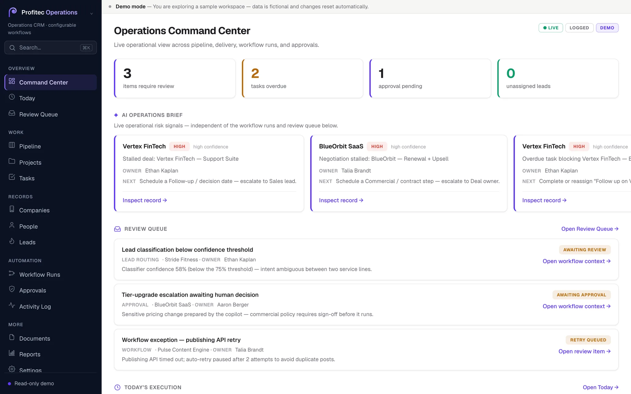 Profitec Operations CRM command center: a decision strip, an AI operations brief, and a review queue preview.