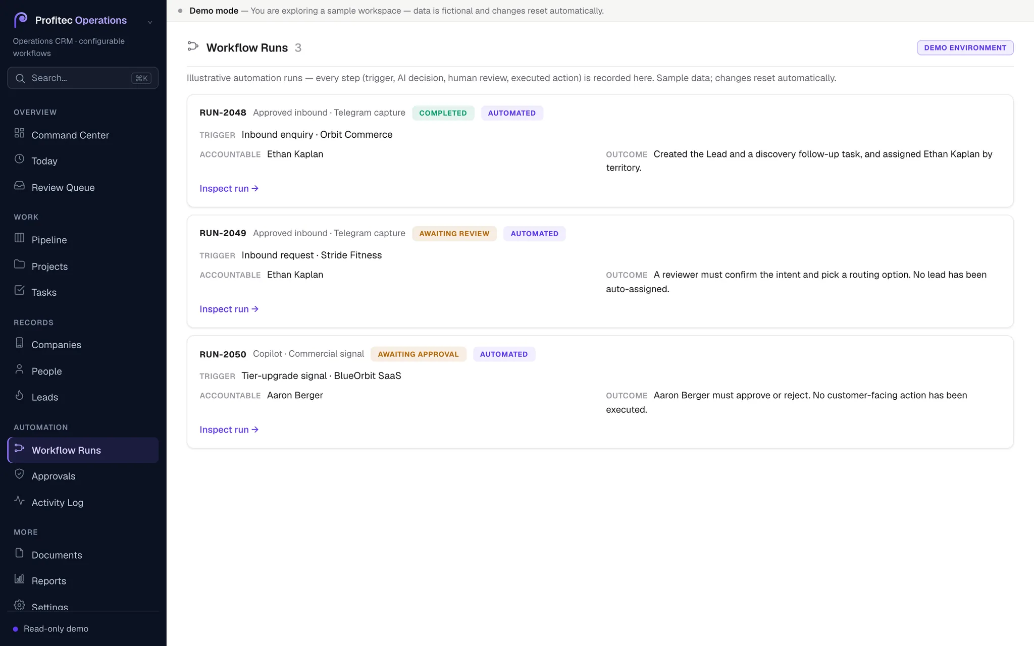 Profitec Operations CRM workflow runs list showing trigger, owner, status, and confidence per run.